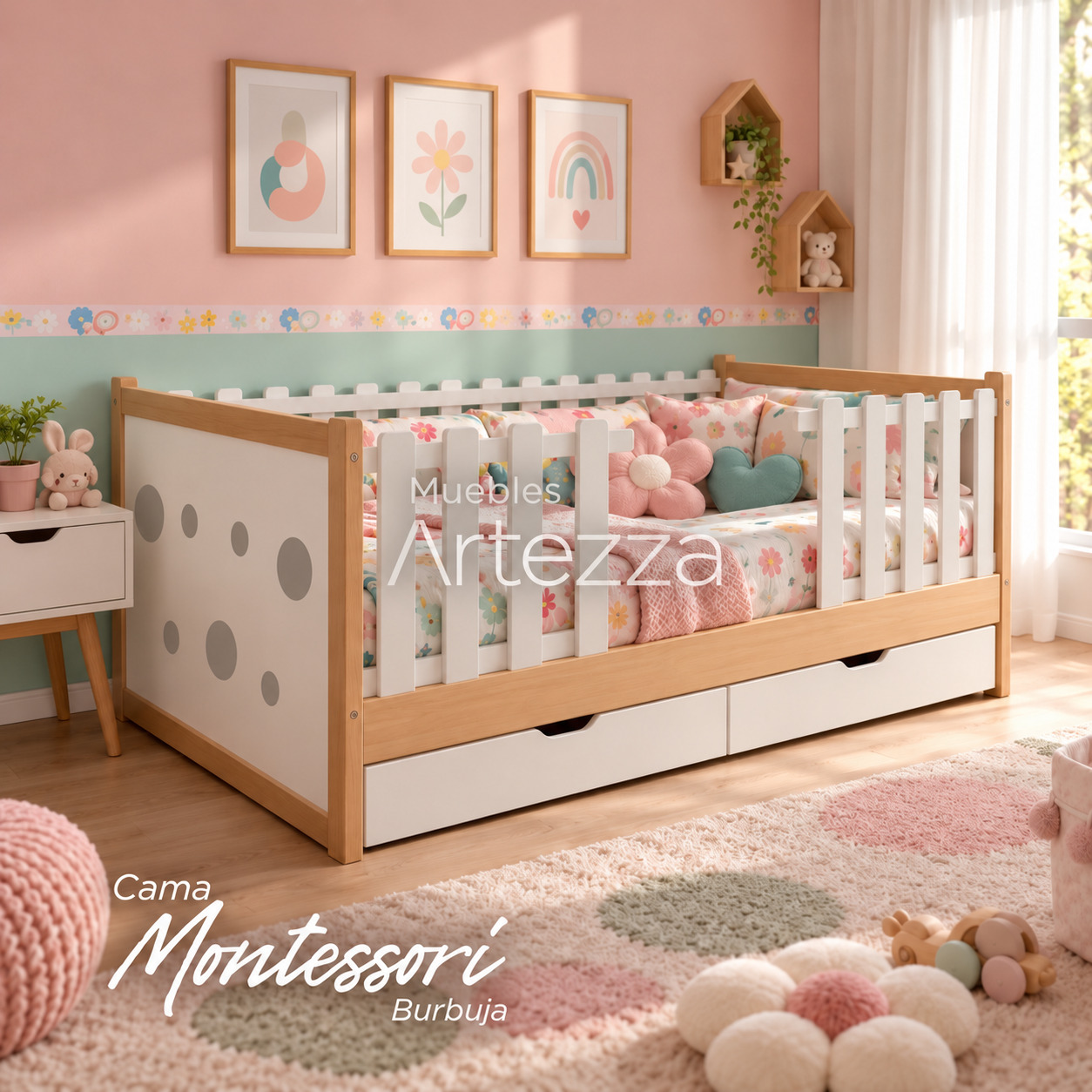 Dormitorio Montessori Burbuja en tonos pastel Cama Montessori Burbuja - Imagen 1