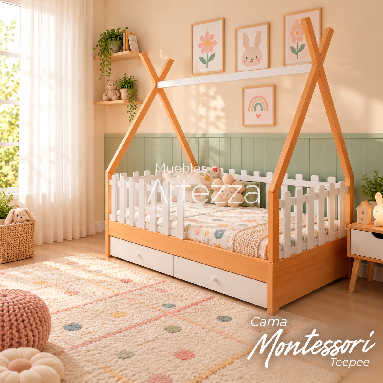 Dormitorio Montessori Teepee en tonos pastel Cama Montessori Teepe - Imagen 1