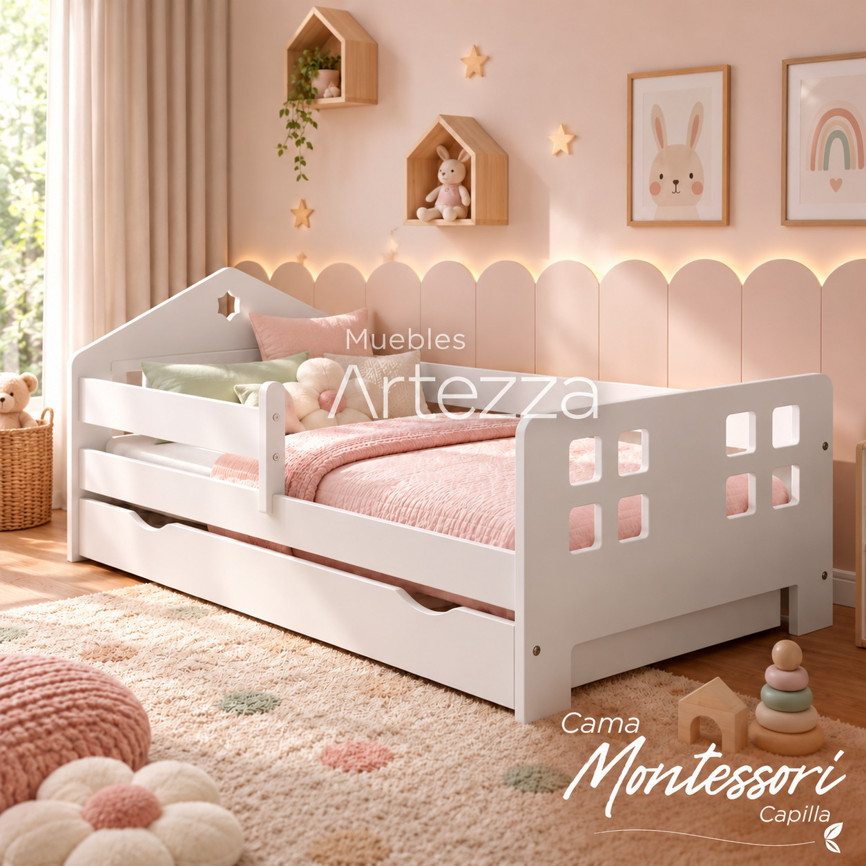 Habitación Montessori con detalles pastel Cama Montessori Capilla - Imagen 1