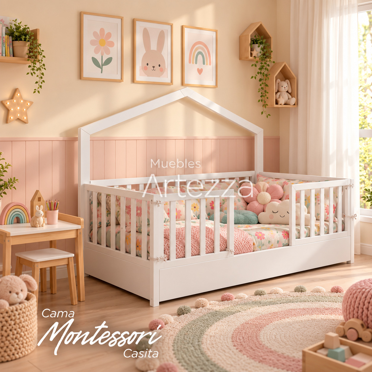 Dormitorio infantil Montessori en tonos pastel Cama Montessori Casita - Imagen 1